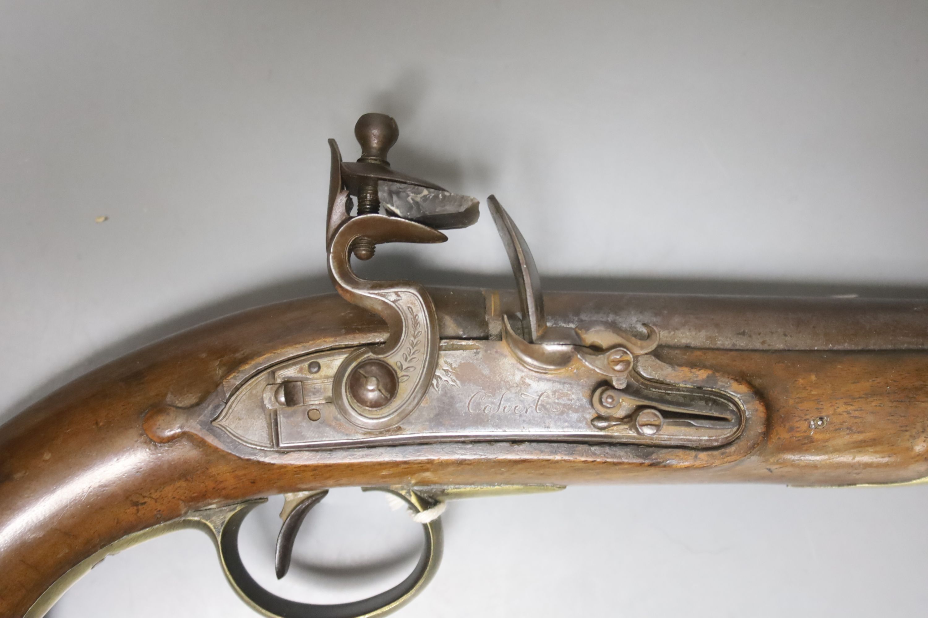 A flintlock coach pistol, circa 1820 by John and William Calvetrt of Leeds, approx. 35cm long